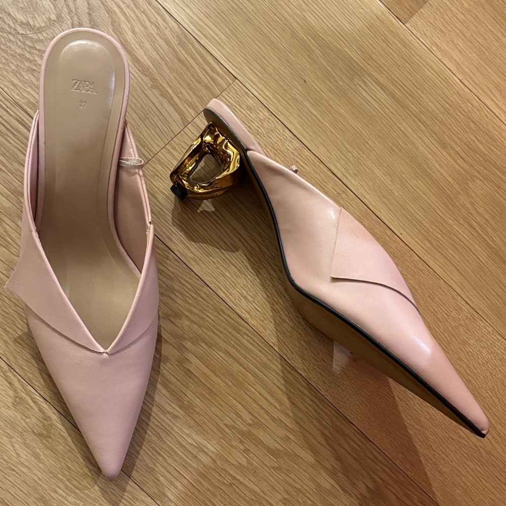 Zara Blush Pink Mules with Metallic Gold Heel